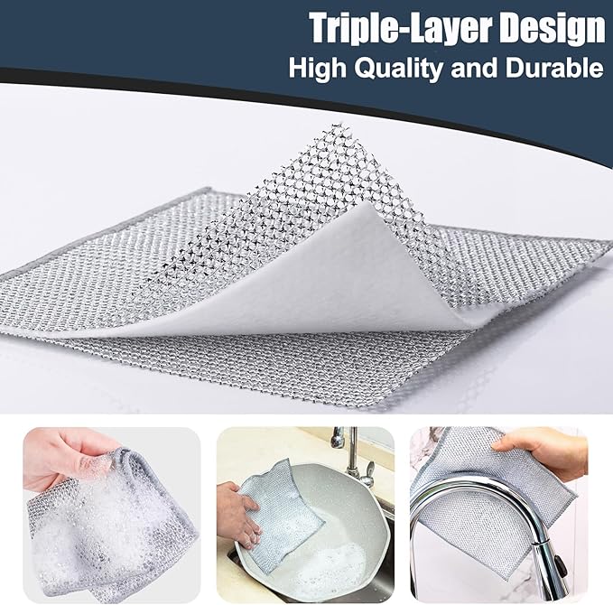 Navona 12 Pcs New Upgrade Steel Wire Dishcloth,Triple-Layer Steel Wire Cleaning Cloth,Powerful Cleaning Non-Scratch Wire Dishcloth Rag for Cookware, Sinks, Dishes, Stove Tops