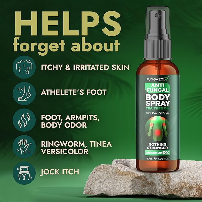 Body Spray with Tea Tree Oil | Fast-Absorbing Antifungal Treatment for Jock Itch, Athlete’s Foot, Ringworm & Nail Fungus | Soothes Itching, Burning & Scaling | Relieves Irritated Skin | 120ml