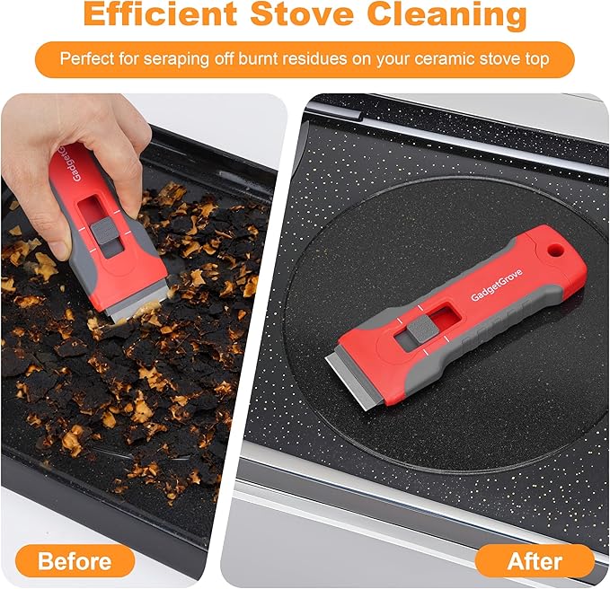 Upgraded Razor Blade Scraper with 10pcs Blades and 3Pcs small wire brushes,Scraper Tool for Cleaning Glass Window, Cooktop, Oven, Stove Scraper, Razor Scraper with Buit-In Blade Storage, Gray