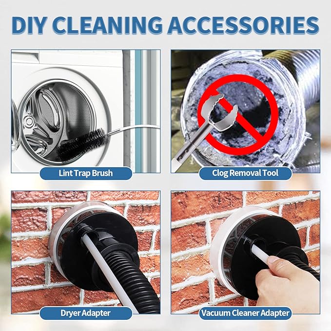 Bluesea 7 Pieces 30 Feet Dryer Vent Cleaner Kit, Reinforced Nylon Dryer Vent Cleaning Kit, Durable Dryer Vent Brush Vacuum Attachment with Flexible Lint Trap Brush, Vacuum & Dryer Adapters