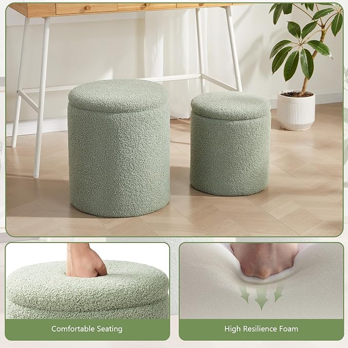 Boucle Round Ottoman with Storage Set of 2,Small Foot Stool Ottoman for Living Room,Small Coffee Table, Vanity Stool with Storage for Bedroom, Green