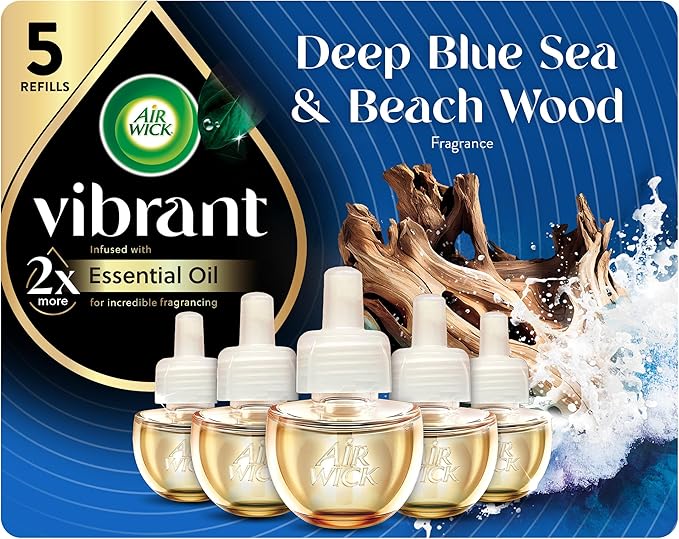 Air Wick Plug In Scented Oil Refills, Blue Sea + Beachwood, Air Fresheners for Home Long Lasting, Room Fresheners,Air Freshener Plug In, Essential Oils, House Essentials for Small + Large Spaces, 5 ct