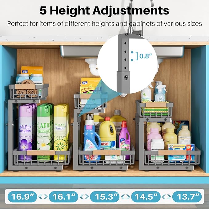 1 Packs 2 Tier Grey Under Sink Organizer,Under Sink Organizers and Storage, Slide Out Pull Out Cabinet Organizer Shelf, Metal Sliding Drawer for Kitchen Bathroom Cabinet Organization Rack