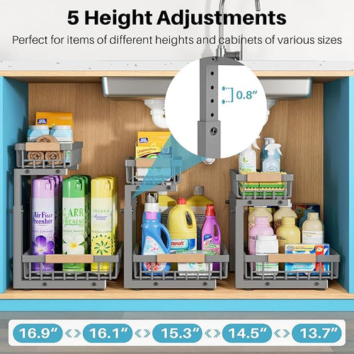 1 Packs 2 Tier Grey Under Sink Organizer,Under Sink Organizers and Storage, Slide Out Pull Out Cabinet Organizer Shelf, Metal Sliding Drawer for Kitchen Bathroom Cabinet Organization Rack