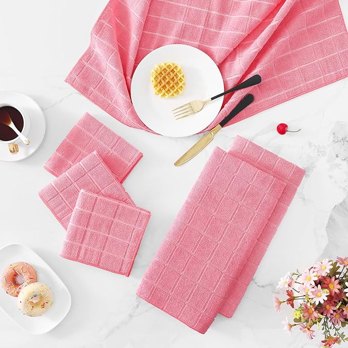 Homaxy Microfiber Kitchen Towels and Dishcloths Set, 16 Pack Soft and Absorbent Dish Hand Towels Bulk, 28 x 16 Inch & 12 x 12 Inch Quick Drying Rags for Washing Dishes, Pink