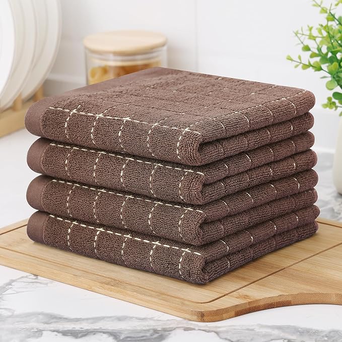 Homaxy 100% Cotton Terry Kitchen Towels(Brown, 13 x 28 inches), Checkered Designed, Soft and Super Absorbent Dish Towels, 4 Pack