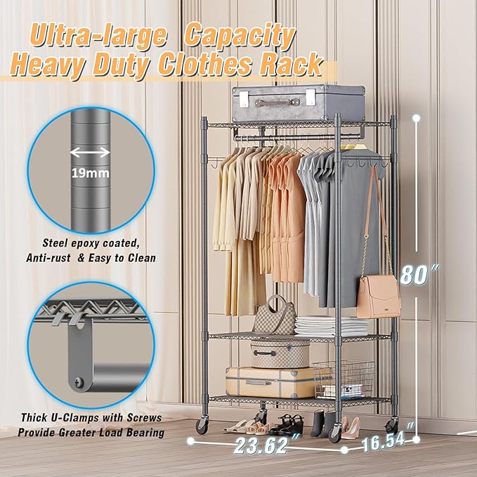 Homdox Garment Rack Heavy Duty, 3 Tier Rolling Clothing Racks for Hanging Clothes, Metal Wardrobe Closet, Free-Standing Clothes Organizer Rack with Double Rods & Side hooks, Gray