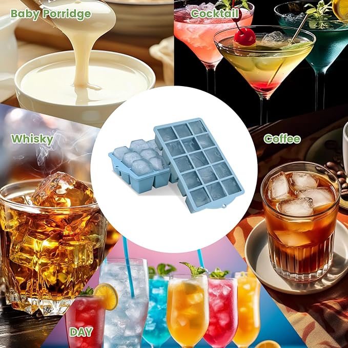Silicone Ice Cube Tray, 3 Pack Easy-Release Stackable Ice Trays for Freezer with Lid 15 Reusable Cubes, Food Grade BPA Free Ice Molds for Whiskey, Baby Food, Coffee, Cocktail (Blue+Green+Pink)