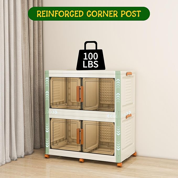 2 Tier Extra Large Stackable Storage Bins with 1 Lid 205 QT/Tier, Collapsible Plastic Box Storage with Wheels, Home Containers Boxes Closet Organizers for Living Room, Office, Dorm