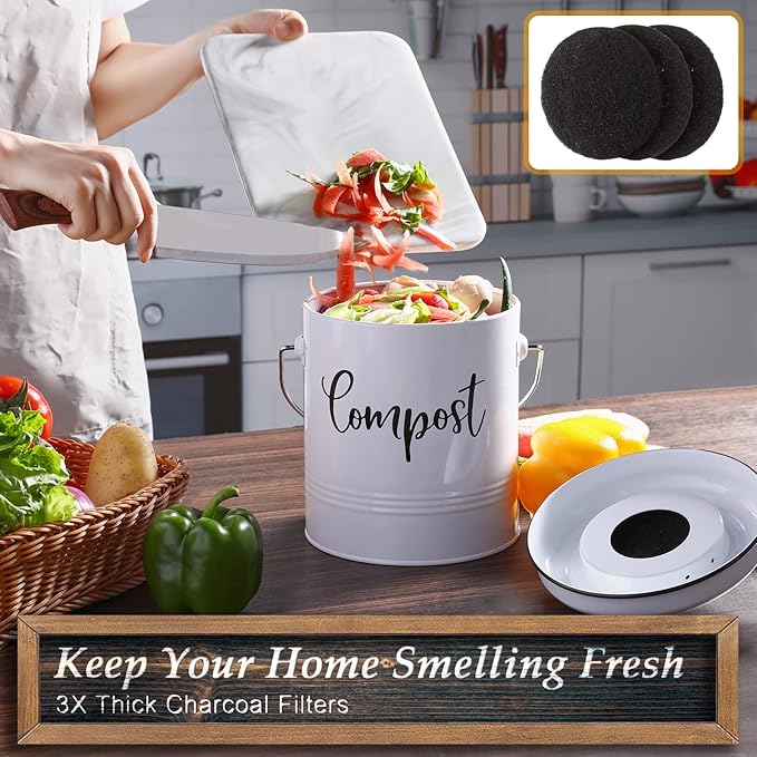 Compost Bin Kitchen, 1.3 Gallon Farmhouse Kitchen Compost Bin Countertop, Indoor Countertop Compost Bucket with Lid and Charcoal Filters, White