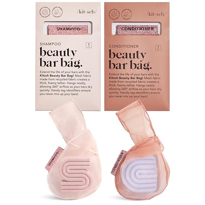 Kitsch Bar Soap Saver Bag – Patented Mesh Bag Soap Holder for Shampoo and Conditioner Bars - Extends Use & Prevents Soggy Mess - Recycled Mesh Beauty Pouch, Eco-Friendly - 2pc Set, Blush & Terracotta