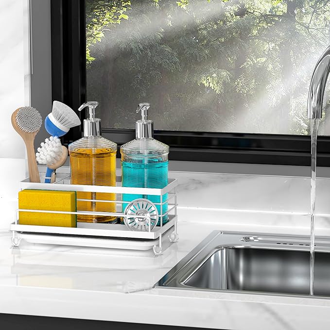 Cisily Sponge Holder for Kitchen, Sink Caddy Organizer, Kitchen Sink Accessories with Drip Tray, Rustproof and Non-Slip Kitchen Sink Sponge Holder, Kitchen Essentials for New Home（White）