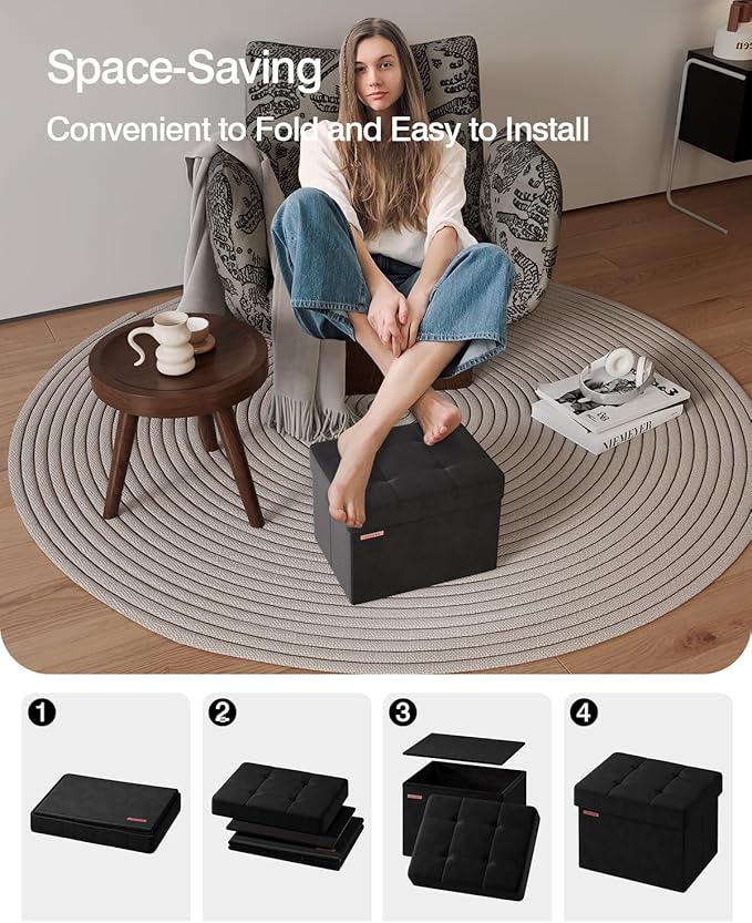 Folding Storage Ottoman, Velvet Storage Bench, Footrest, Foot Stool, for Living Room, Bedroom and Office,12.2 x 16.1 x 12.2 Inches, 200 kg Load Capacity, Ink Black,UASND03B