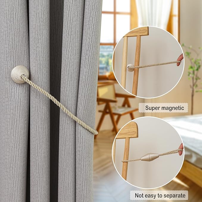 Magnetic Curtain Tiebacks 6 Pack Outdoor Rope Curtain Tie Backs Decorative Window Treatment Holdbacks for Home Decorative Curtain, Beige