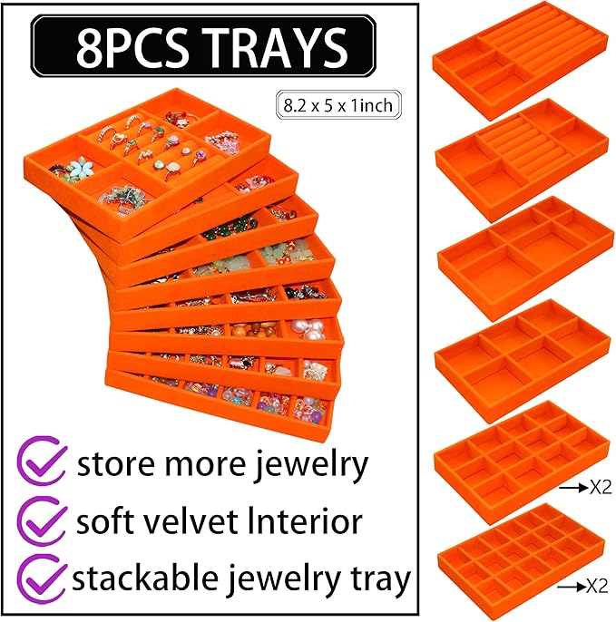 Jewelry Organizer Tray Stackable Velvet Jewelry Trays Drawer Inserts Earring Ring Necklace Organizer Display Case