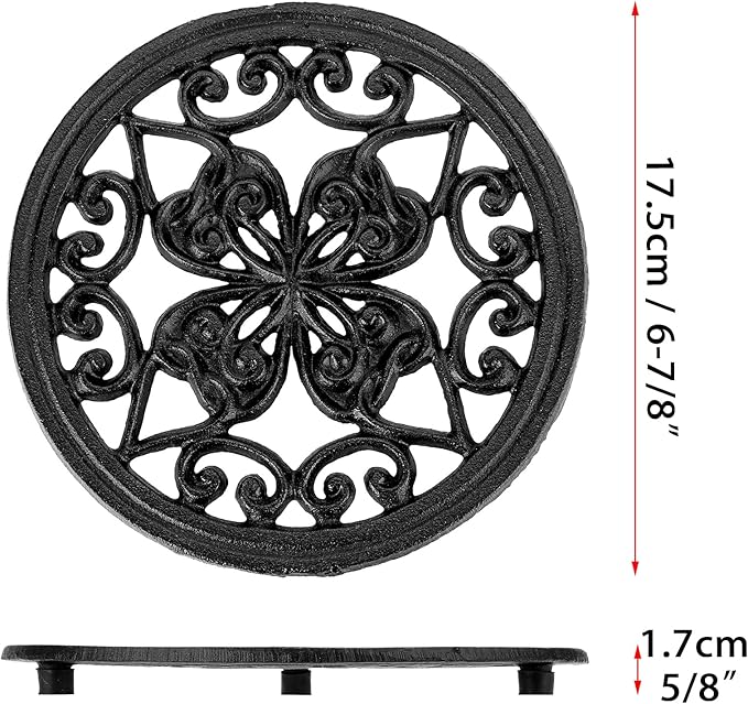 JUXYES 2 PCS Decorative Cast Iron Metal Trivet with Rubber Feet, Vintage Heat Resistant Iron Mat for Hot Dish Pot Pan Plate Teapot, Round Trivet Mat Hot Pot Holder Pads for Kitchen Or Dining Table
