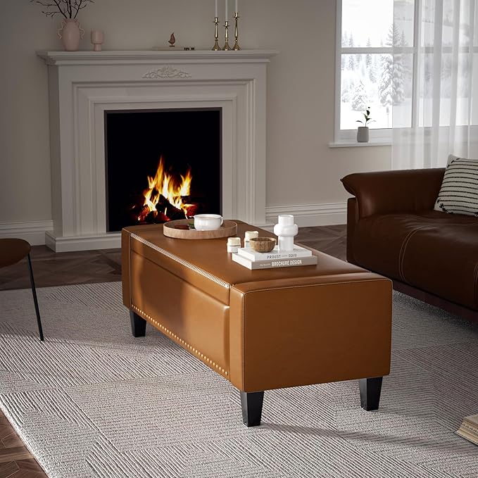 48.8" Storage Ottoman Bench Brown | Faux Leather Bedroom Bench with Lift Top for Living Room & Bed End