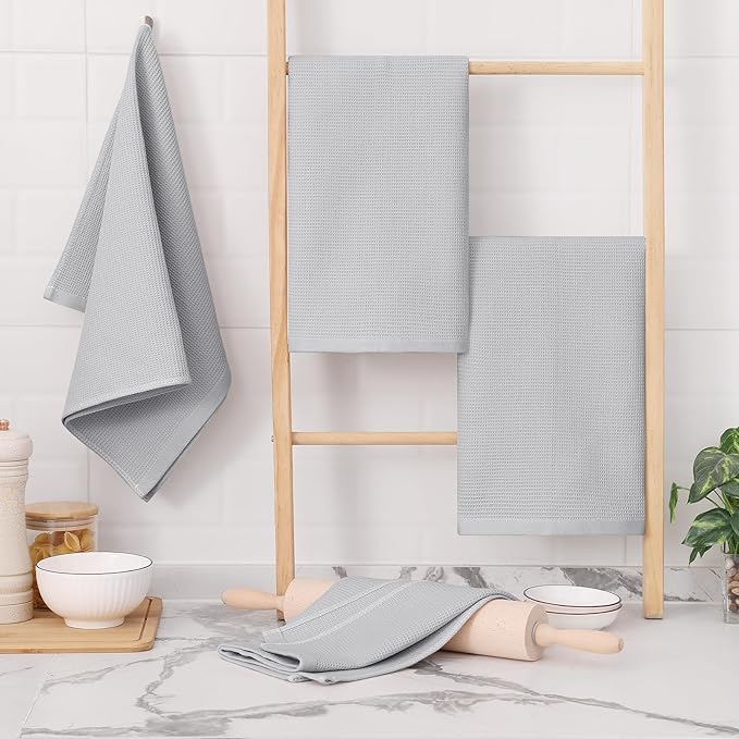 Homaxy 100% Cotton Waffle Weave Kitchen Towels - 4 Pack Soft and Absorbent Dish Towels - 16 x 26 Inches Quick Dry Hand Towels - Light Grey