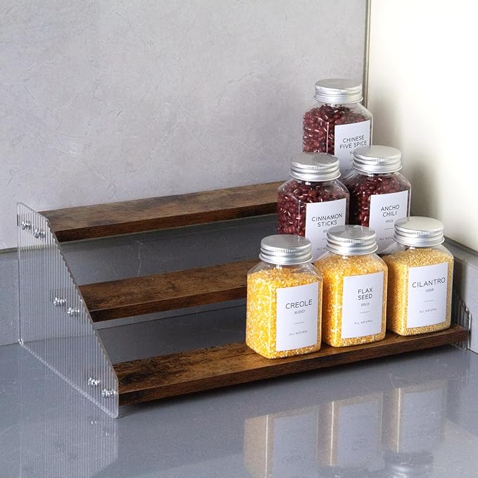 nianfeng Tiered Spice Rack, 3-Tier Spice Pantry Kitchen Cabinet Organizer, 12-Inch, Natural Wood Acrylic Stair Riser Stand, Countertop Seasoning Shelf (Rustic Brown)