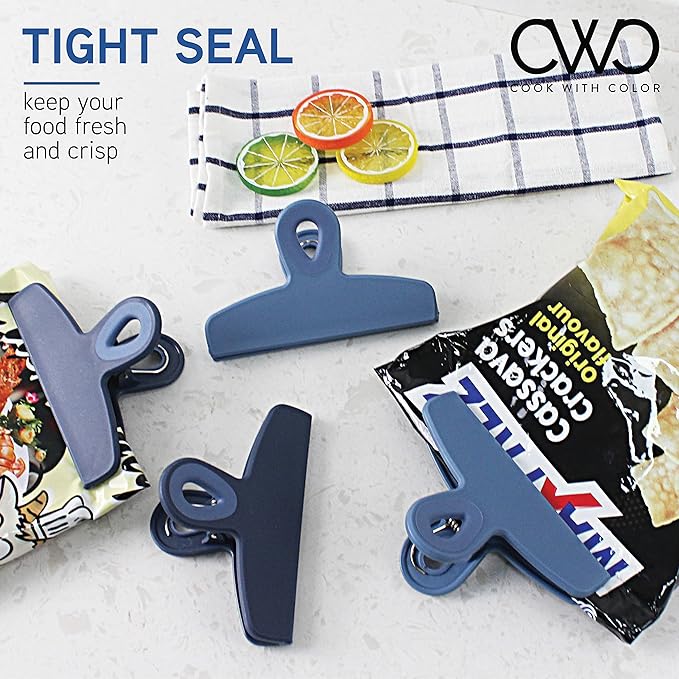 COOK WITH COLOR Bag Clips - Heavy Duty Chip and Refrigerator Magnet Clips for Food Storage with Air Tight Seal Grip, Denim, Pack of 4 Large