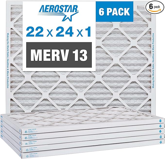 Aerostar 22x24x1 MERV 13 Pleated Air Filter, AC Furnace Air Filter, 6 Pack (Actual Size: 21 7/8" x 23 7/8" x 3/4")