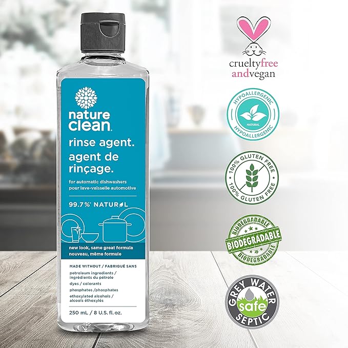 Nature Clean All Natural Dishwasher Rinse Aid Cleaner, Liquid Dishwasher Rinse Agent for Spot-Free Glass & Cutlery in Hard Water, Non Toxic Dish Washer Rinse Aid & Stain Remover, 8 oz/250ml, Pack of 1