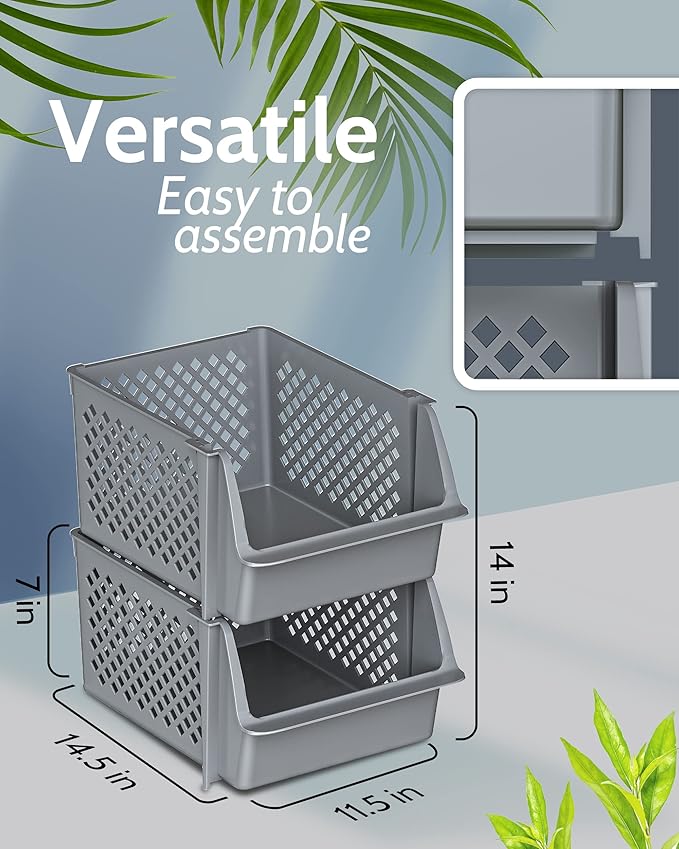 Skywin Plastic Stackable Storage Bins for Pantry - 2 Pack Stackable Bins For Organizing Food, Kitchen, and Bathroom Essentials (Light Grey)