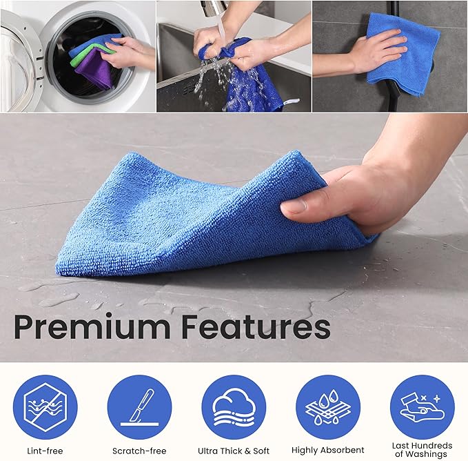 Microfiber Cleaning Cloths-12 Pack,Microfiber Towels for Cars & Kitchen,Highly Absorbent Cleaning Towel,Lint Free Streak Free Rags for House,Window,Purple,Green,Blue(16"x16")