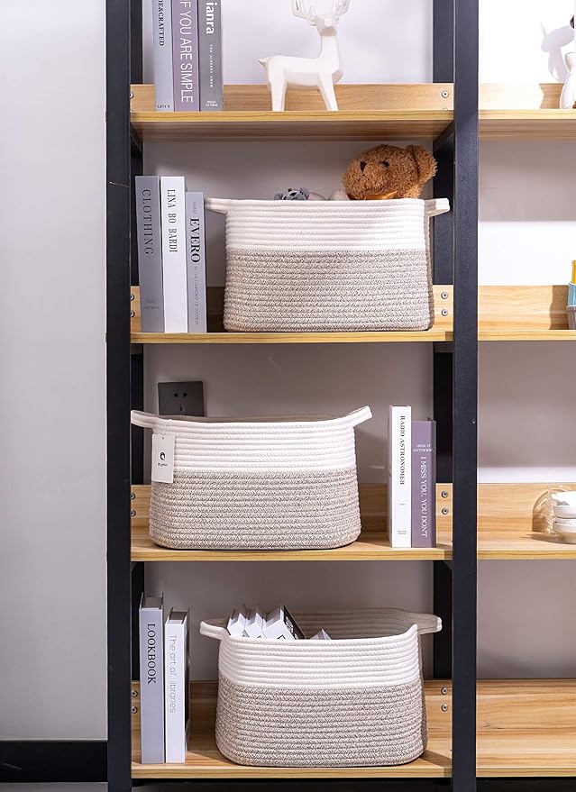 Medium and Large Woven Basket//With Handle, Used for Toys and Fabric Storage Basket used for Storing xl Storage Box, Decorative Storage Box Room 2pack (14L*10W*8.6H White Brown, 14Lx10Wx8.6H)
