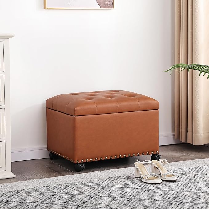 24" Square Ottomans with Storage, Leather Ottoman with Storage with Lockable Wheels and Hight Loading, Foot Stool Ottoman with Wheels for Makeup Room, Dorms and Apartments (Orange Brown)