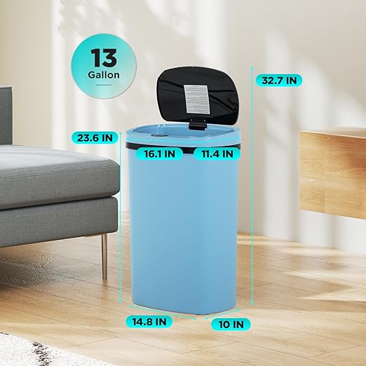 Automatic Motion Sensor Bathroom Trash Can with Lid, 13 Gallon Touchless Trash Bin, Smart Dog Proof Garbage Can, Touch Free Waste Basket for Toilet, Office, Bedroom,Blue