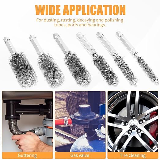 6Pieces Wire Brush Drill Bore Cleaning Brushes Set,with 1/4 Inch Hex Shank Stainless Steel Wire Twisted Brush for Rust, Cleaning Tubes (8/10/12/15/17/19MM) ﻿
