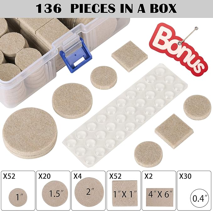 Felt Furniture Pads-136 Pieces Felt Pads for Furniture Beige 5mm Thick, Floor Savers for Furniture Anti Scratch, Best Floor Protectors with Case for Hardwood Floors