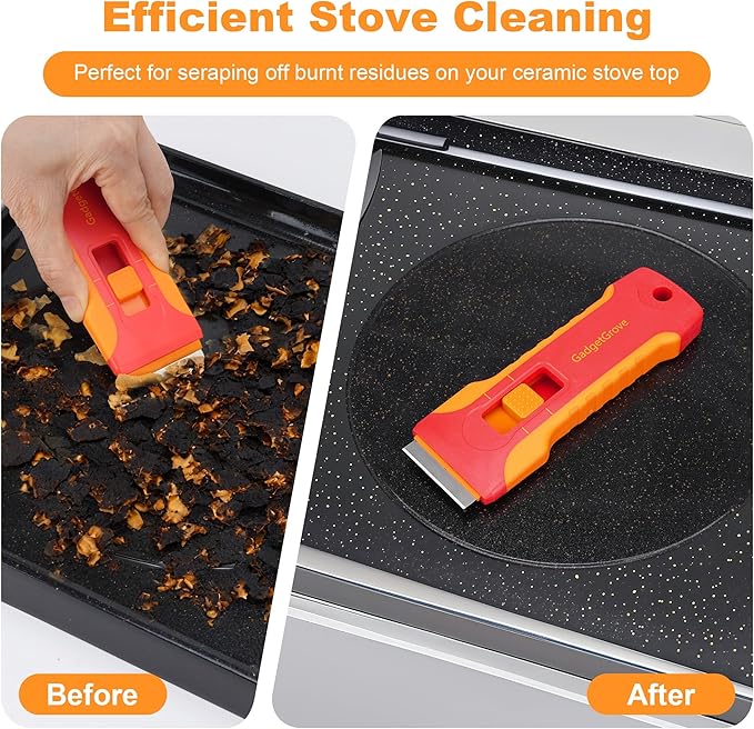 Upgraded Razor Blade Scraper with 10pcs Blades and 3Pcs small wire brushes,Scraper Tool for Cleaning Glass Window, Cooktop, Oven, Stove Scraper, Razor Scraper with Buit-In Blade Storage, Orange