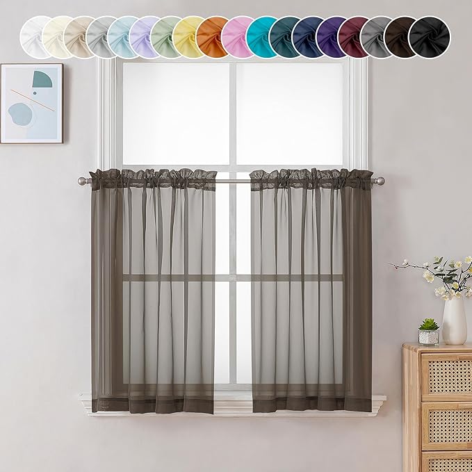 Chyhomenyc Sheer Chocolate Brown Tier Curtains 24 Inch Length, Small Window Curtains Treatment for Bathroom Living Room Basement, Short Rod Pocket Cafe Curtain, 42W x 24L Inches, 2 Panels