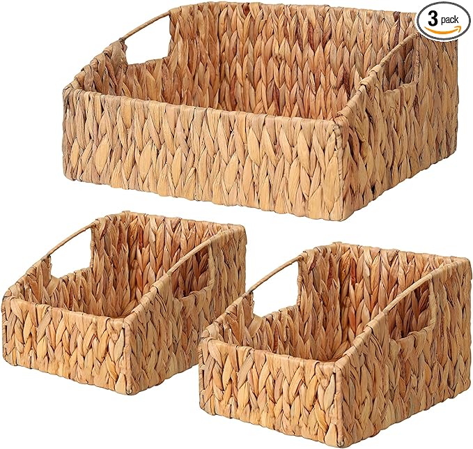 Ollieroo Natural Water Hyacinth Storage Baskets, Handwoven Wicker Storage Bins with Built-in Handles, Storage Container Baskets for Shelves, Bedroom, Bathroom, Laundry Room or Kitchen(Set of 3)