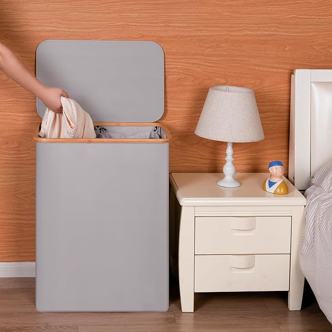 Double Laundry Hamper with Lid, Divided Laundry Hamper with Removable Bags, 2 Section Dirty Clothes Basket with Handles for Bathroom, Bedroom & Laundry Room, 160L Dove Gray