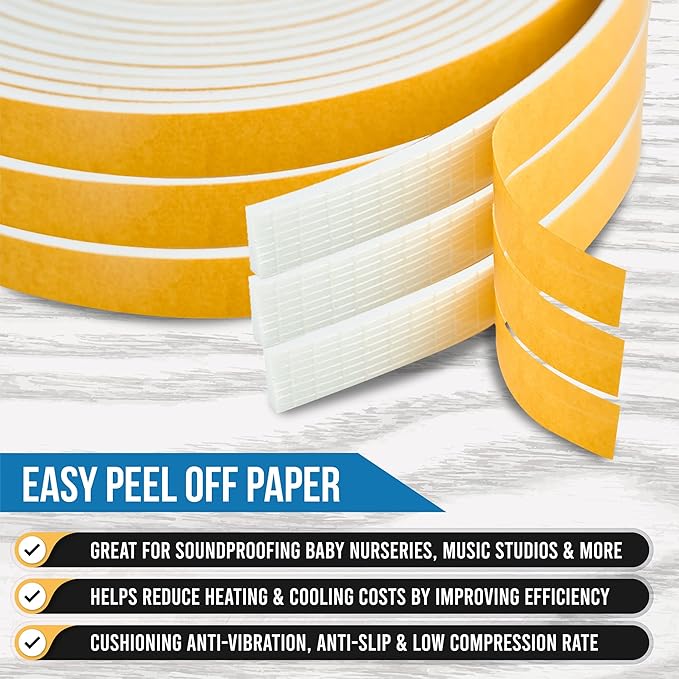 High Density Foam Weather Stripping Door Seal Strip Insulation Tape Roll for Insulating Door Frame, Window, Air Conditioner | Self Adhesive Sealing Weatherstrip (White, 1/2 in x 1/8 in x 50)
