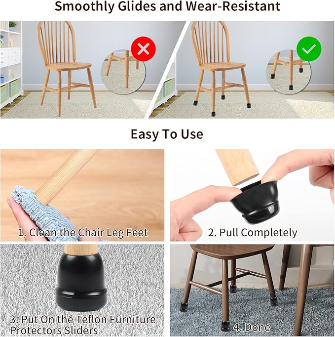 Ezprotekt 24 Pcs Black Chair Leg Sliders for Carpet, Round Teflon Furniture Glides for Rug, Carpet Sliders Protectors Caps for Couch, Dining Table Chair, Bar Stool Legs (L Fit: 1-1/10" to 1-3/10")