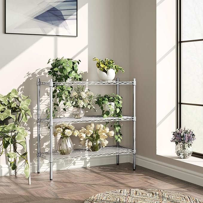 Auslar 3-Shelf Storage Wire Shelves Heavy Duty 3 Tiers Standing Shelving Units Adjustable Metal Organizer Wire Rack, Chrome