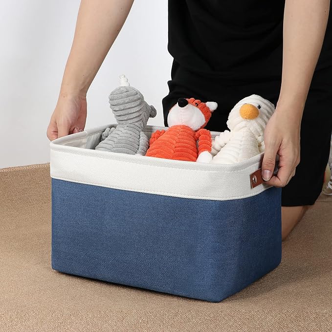 DULLEMELO Fabric Storage Basket for Closets,15x11x9.5 inch Foldable Storage Basket Bin with Handles for Office, Closet,Bedroom (White&Blue,1 Pack)