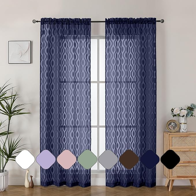 Aiyufeng Navy Blue Curtains - 84 Inch Length (2 Panels), Airy Lightweight Clip Jacquard Light Filtering Bedroom/Living Room Curtains - 80 Inch Width, Wavy Line Rod Pocket, Modern Style