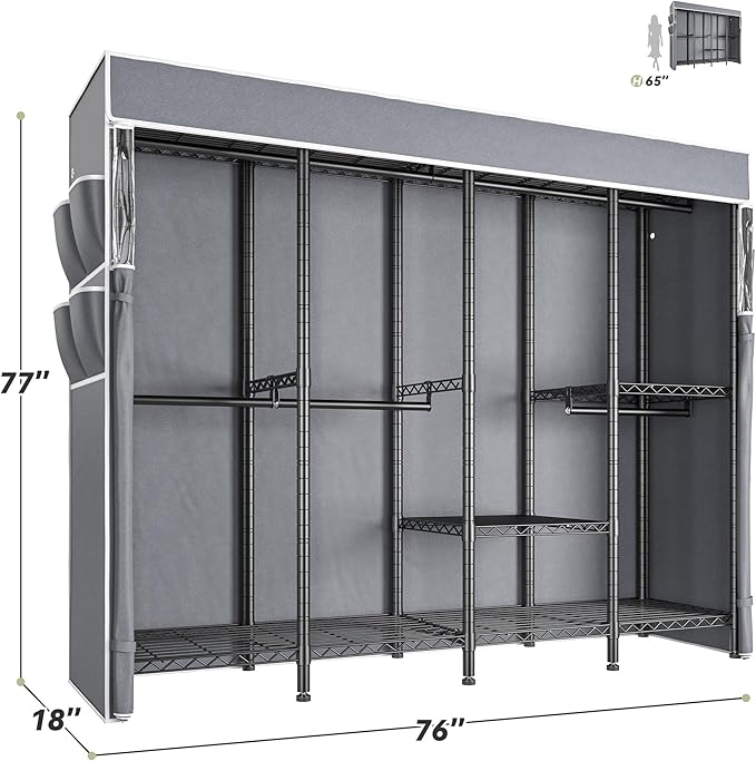 Raybee Clothes Rack with Cover,1150LBS Heavy Duty Clothing Rack for Hanging Clothes,Adjustable Portable,18" D x 76" W x 77" H,Black