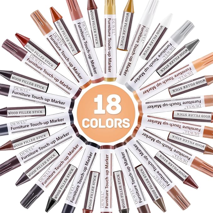 DEWEL Wood Furniture Markers & Filler Sticks Repair Kit, New Improved 18 Colors Touch Up Markers and Wax Sticks - Cover Damaged Wooden Surface and Floor, for Pet Scratches, Stains, Cracks and Dents