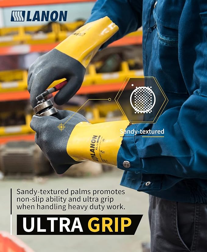 LANON PVC Chemical Gloves, Thick Rubber Work Gloves, Heavy-Duty, EN 374/388, Acid, Alkali and Oil, Non-Slip, Large