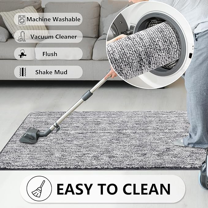 REFETONE Indoor Doormat, Front Door Mat 20"x32" Absorbent Rubber Backing Non Slip Back Door Mats, Washable Low-Profile Inside Floor Mat Door Rugs for Entryway, Resist Dirt Mud Mat for Dogs, Dark Grey