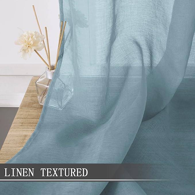 Tollpiz Short Sheer Curtain Living Room Linen Textured Curtains Sheer Light Filtering Voile Rod Pocket Curtain for Bedroom, 38 x 54 inches Long, Dusty Blue, Set of 2 Panels