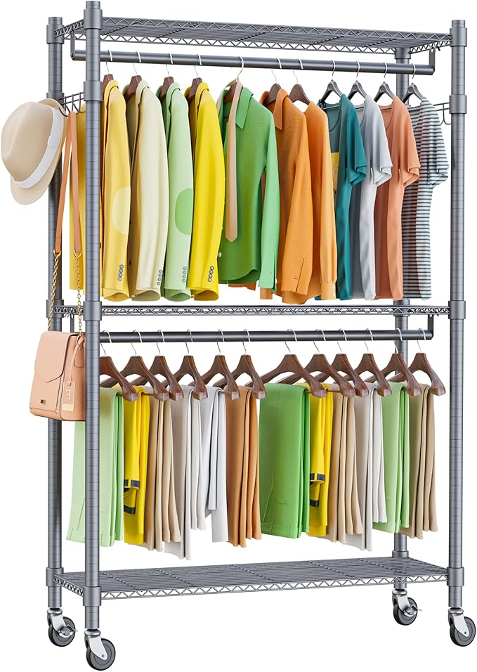 Homdox Rolling Clothes Rack Heavy Duty, 3-Tier Adjustable Wire Shelving Garment Organizer with Double Rods & Hooks, Portable Clothes Rack with Wheels, 17.72" D x 47.24" W x 80.71" H, Grey