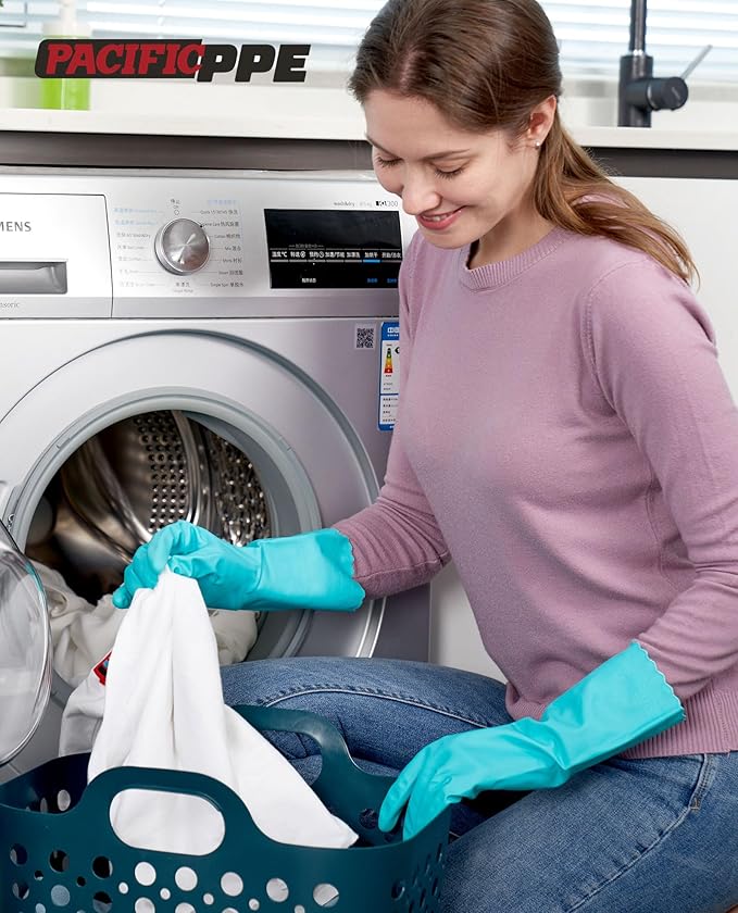 PACIFIC PPE 4 Pairs Reusable Dishwashing Cleaning Gloves with Latex Free, Cotton Lining, Kitchen Gloves, Green, Medium
