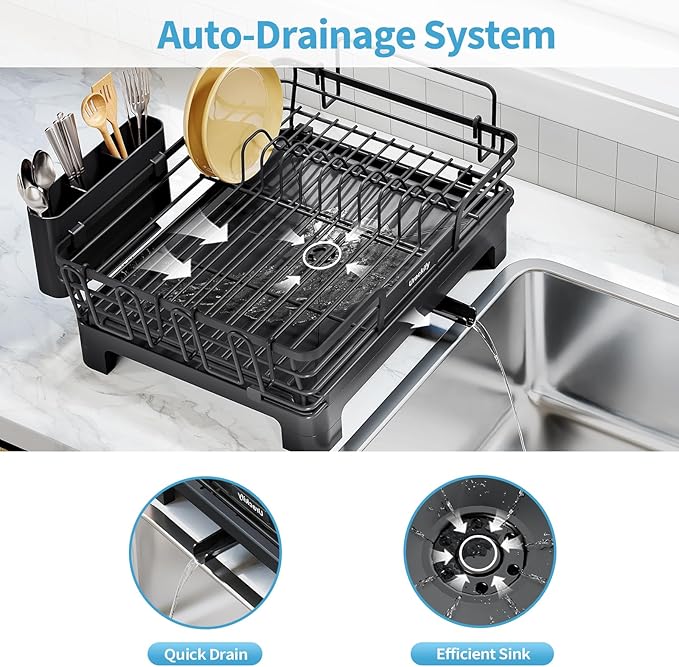Extendable Dish Drying Rack, 2 in 1 Multifunction Dish Rack for Kitchen Counter, Expandable Dish Drainer Over Sink, Large Plate Strainer with Drainboard & Cups Holder